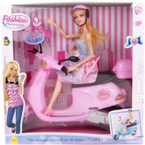 játékbaba robogóval 28 cm rózsaszín